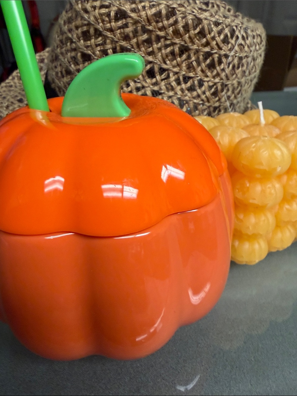 Orange Pumpkin drinking cup with Green Straw. - pumpkin candle. 🆕